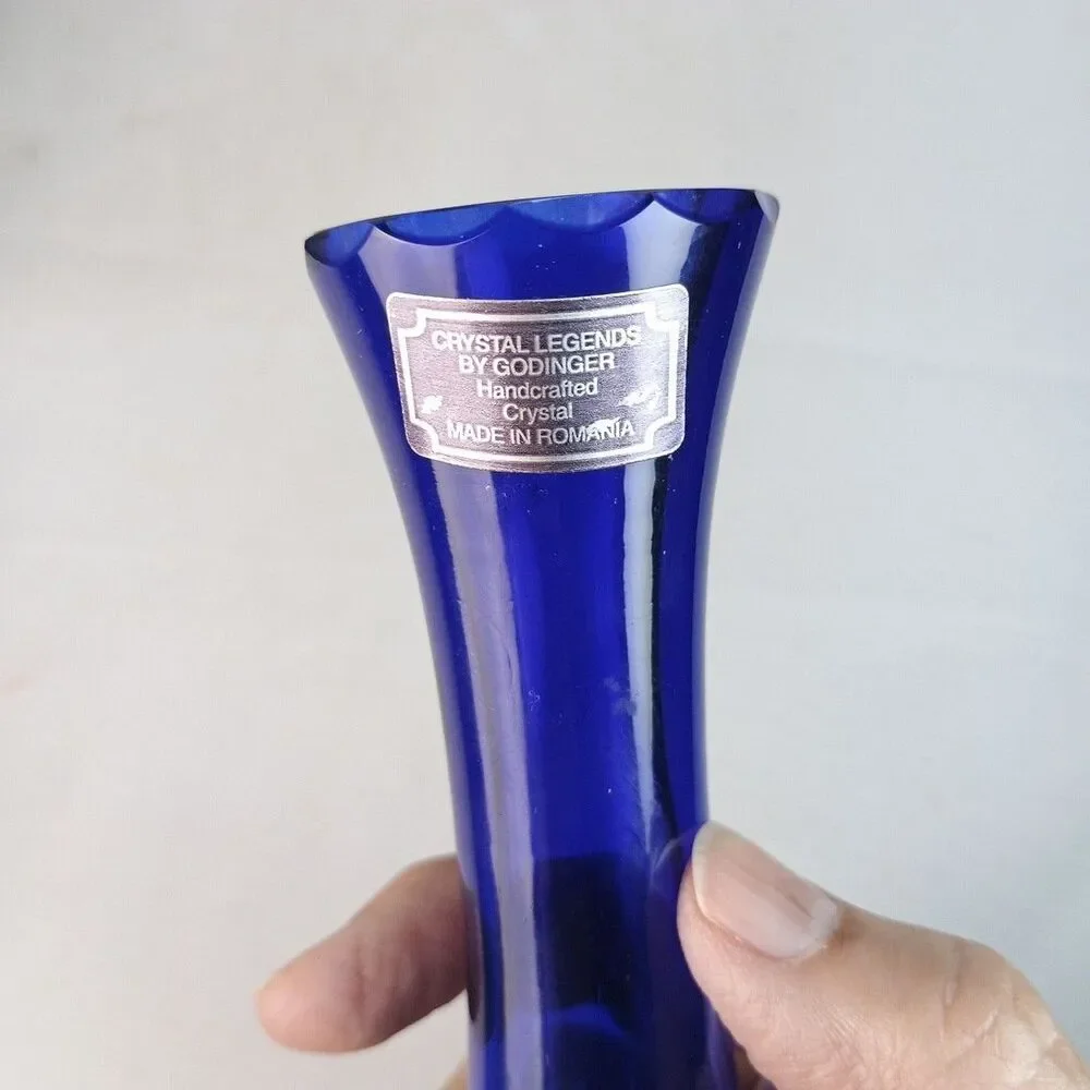 Set‎ of 2 Godinger Crystal Legends Cobalt Cut Clear Bud Vases Silver Plated Base
